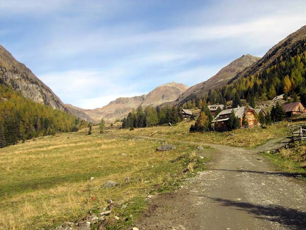 einige der Almhütten im Rantental sind zu mieten - ein herrliches Basislager für unterschiedlichste Unternehmungen; in Bildmitte das Wiegeneck, halb rechts das Alpleck