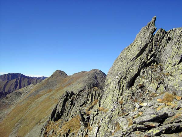 die SW-Schulter mit ihren scharfen Zacken ist erreicht; Blick nach W zum Wiegeneck