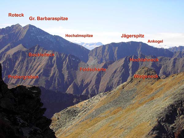 Rückblick nach WSW, die schneebedeckten 3000er der östl. Hohen Tauern schieben sich ins Bild