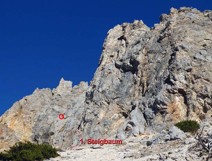 ... einen ersten Blick auf den unteren Teil des Haidsteigs werfen; im Kreis zwei Bergsteiger in den Platten oberhalb des ersten Steigbaums