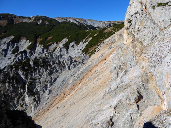 Tiefblick auf den Holzknechtsteig, die schnellste Abstiegsvariante; über den Pfeiler rechts führt der Königsschusswandsteig