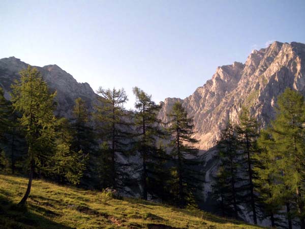 auf der romantischen Wiesenfläche der Gowilalm; von der Sonne beschienen der zweite Teil unserer Überschreitung - der eindrucksvolle Ostgrat des Gr. Pyhrgas