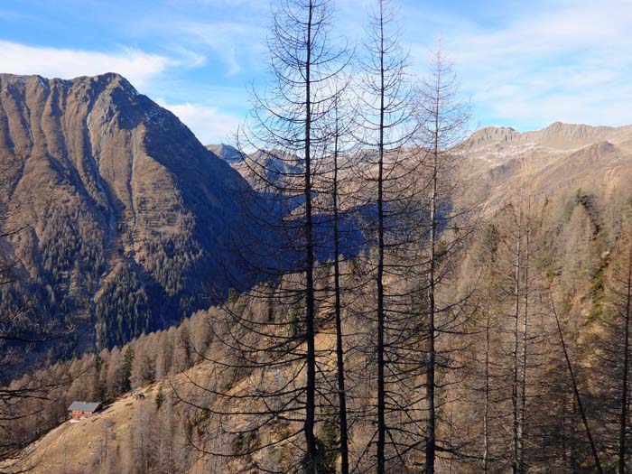 Blick über die Straßalm ins hinterste Winkeltal, links der Grabenstein (s. Archiv Schitouren)