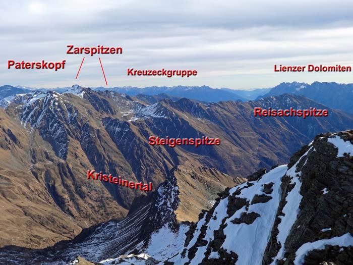 als Vorspeise zum Rappler empfiehlt sich unbedingt der kurze Westgrat auf die benachbarte Nördl. Wetterspitze; hier der Gipfelblick nach O übers Kristeinertal