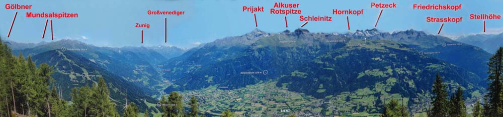 das Panorama im Norden reicht von den zentralen Villgratner Bergen über Venediger- und Schober- bis zur südlichen Goldberggruppe