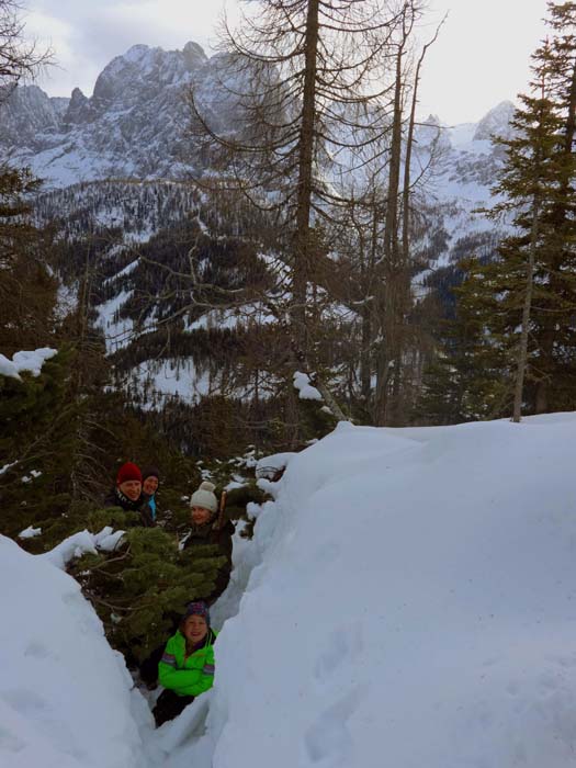 am Rand des Gipfelplateaus wühlen wir uns bereits durch knietiefen Schnee; Gipfelpanorama siehe oben