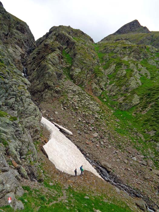 zurück zum Schneefleck; nach Überwindung des felsdurchsetzten Wiesenhanges rechts stehen wir zwanzig Minuten später ...