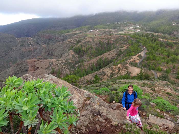 in der Nordflanke des Brezos, genau über Ulli und Ronja der noch menschenleere Startplatz und der Weiler Ifonche, links hinten der Abbruch zum Barranco del Infierno