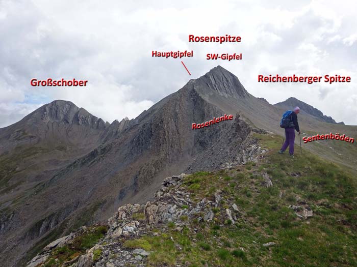 auf der Höhe des Rosenlenkekopf, 2809 m, verschärft sich der Kamm auf der Höhe des Rosenlenkekopf, 2809 m, verschärft sich der Kamm