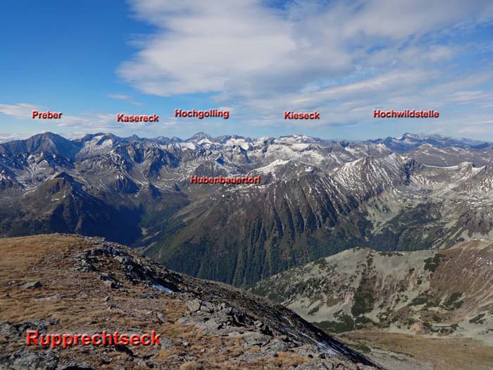 Gipfelpanorama vom Rupprechtseck: im WNW der Tauernhauptkamm