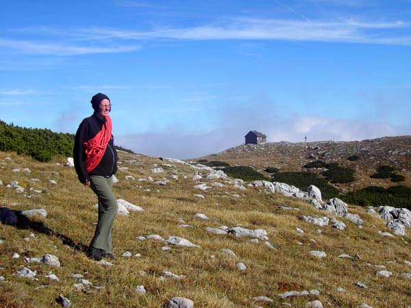 am sanften Abstieg vom Dreimarkstein tritt die Raxgmoahütte beim Trinksteinsattel ins Bild