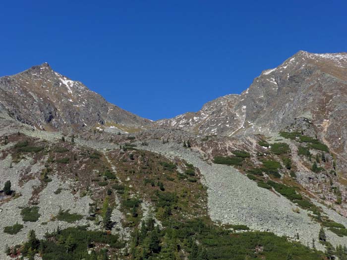 der Verbindungsgrat Schimpelspitze-Süßleiteck (hier von der Grafenalm) ist in einfacher Kletterei gut zu bewältigen