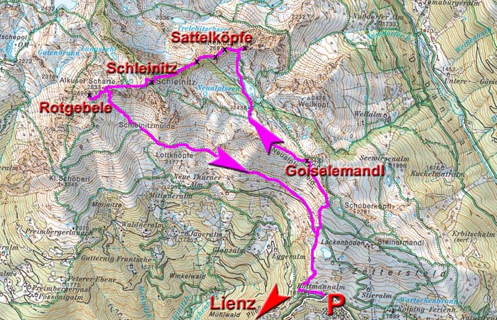 Karte der frühwinterlichen Variante ohne Liftbenützung