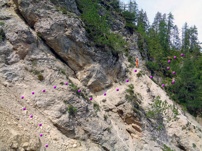 ... in den Westarm, dessen Überwindung die Schlüsselstelle der Tour darstellt (Pickel zum Trassenschlagen nützlich); jenseits des Waldkammes folgt eine lange, teils grasige Rampe zur letzten Schlucht (Breiter Lahner), der Steig ist oft komplett verwachsen, wir kommen für die Querung zu tief an und steigen direkt über extrem steilen, grasigen Wald zum Radweg ab (ebenso heikel wie die Querung im Bild). Besser vielleicht doch vom Herolder Rastl gerade hinunter.