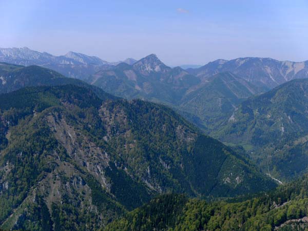 ungehinderte Aussicht vom Turmstein nach SW: im Vordergrund das Höllental, diagonal das Tal nach Hinternasswald, in Bildmitte die Pyramide des Sonnleitstein (s. Archiv Bergsteigen), links hinten die Schneealpe