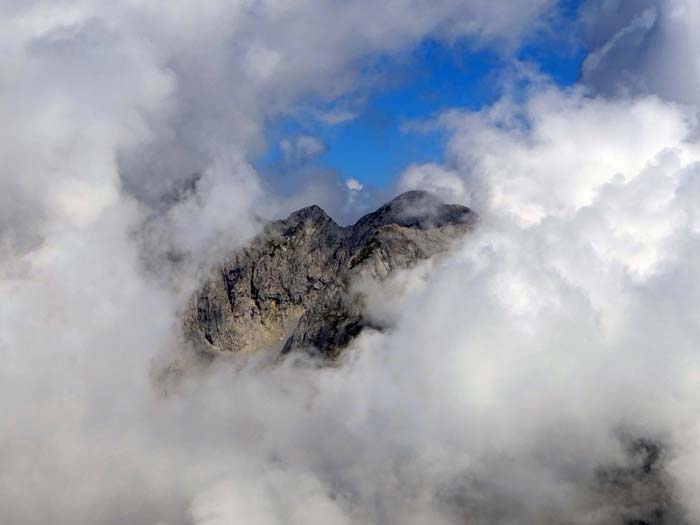 am Schneibstein selbst ist die Sicht heute leider sehr eingeschränkt: vom gewaltigen Kuchler Kamm (s. Archiv) kriegen wir für einen kurzen Moment nur den Grünwandkopf zu sehen