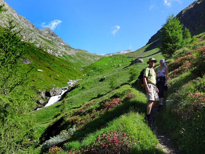 über der Waldgrenze die Erlsbacher Alm; Ulli und ihr Vater verlassen den markierten Steig und halten sich gerade hinauf ...