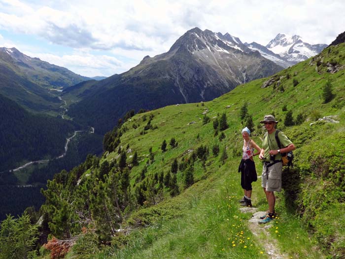 der schön angelegte Höhenweg bietet freie Sicht auf Staller Sattel und Hochgall