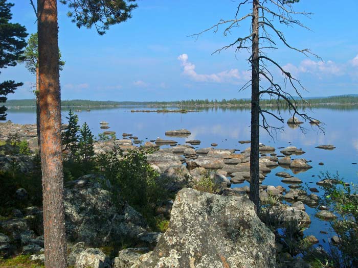 typische Landschaft am Inarisee in Nordfinnland; bis zum Nordkap sind es noch 350 km