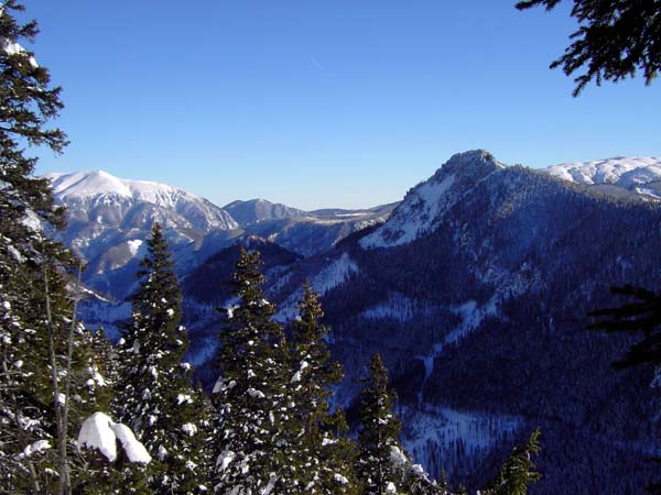 der Sonnleitstein von NW (Rauchstein); links der Schneeberg, rechts hinten das Raxplateau ...