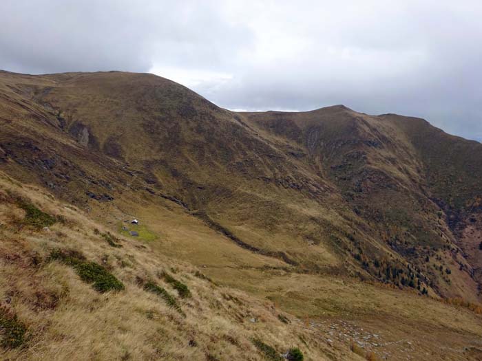 am Gerlamooser Eck lassen wir die Waldgrenze endlich unter uns; Blick ins Kar der Gratschnitzen und auf die Platteckspitze, über die der weit gemütlichere Aufstieg von der Radlberger Alm führt