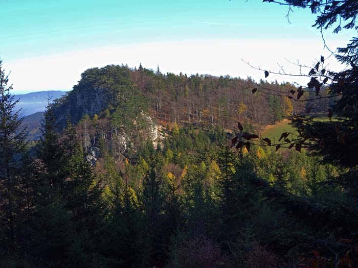 mehrere Wegvarianten führen weit ausholend unter den etwas abgelegenen Gipfel der Steinwand, welcher etwa 1,5 km Luftlinie nördlich der Klamm mit bis zu 100 m hohen Wänden in einen Seitenast des abgeschiedenen Ebeltals abstürzt