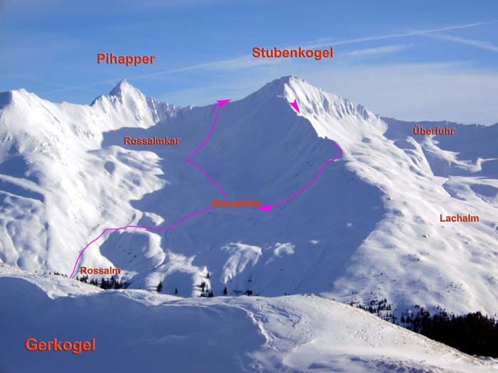 unsere Sommerüberschreitung im Winterkleid, gesehen von NW; der Gerkogel ist ein Gipfel im langen Mahdleitenkogel NO-Kamm