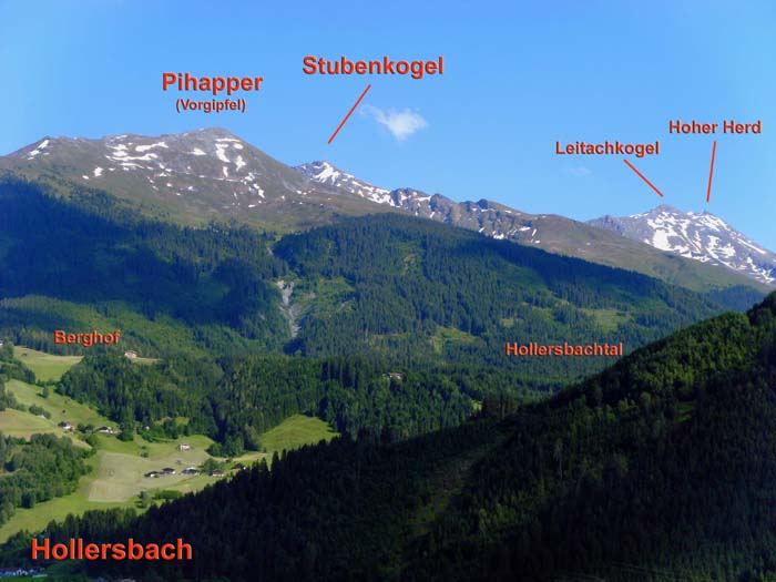 der nördliche Hollersbachkamm v. NNW (Peilberghof); der Zustieg führt vom Berghof hinauf zur Waldgrenze und über den Lachalm Höhenweg rechts hinüber ins verdeckte Rossalmkar