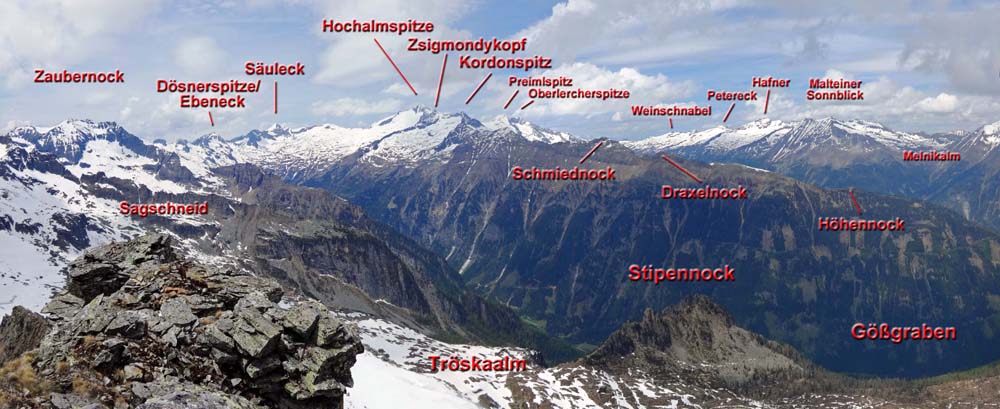 im Norden der Blick von den Gipfeln rund ums Ritterkar (s. Archiv Schitouren) bis zu den östlichsten Dreitausendern der Alpen (Hafner im Archiv Bergsteigen, Malteiner Sonnblick bei den Schitouren)