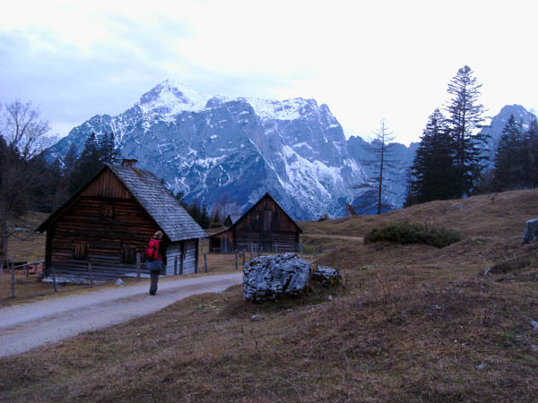 Hochscheibenalm gegen NW (Buchstein); rechtzeitig mit Einbruch der Dunkelheit werden wir im Tal sein