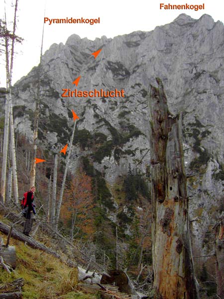 von der großen Waldschulter, dem sogenannten Zirlaberg, überblickt man die obere Hälfte der Route - die Zirlaschlucht