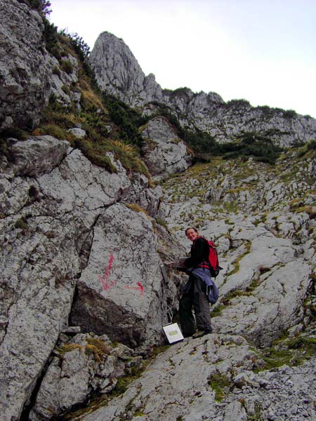 weiter oben öffnet sich die Schlucht, auf einer breiten Plattenrampe findet man das Routenbuch