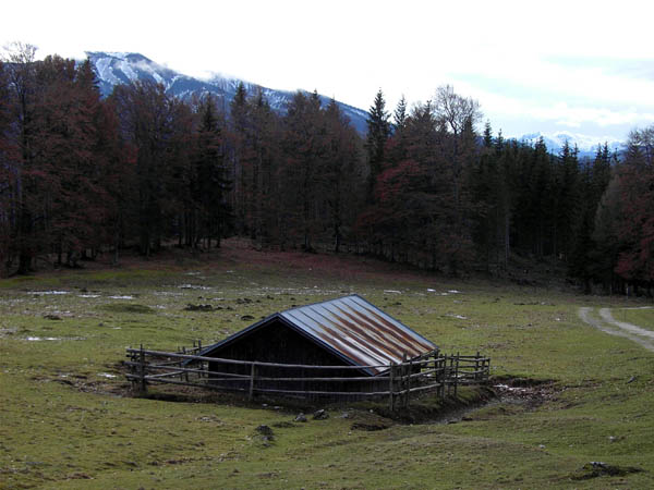 Blick von der Bürgeralm gegen SW auf den Göller, der Hochschwab rechts hinten verliert sich allerdings schon wieder in der Bewölkung