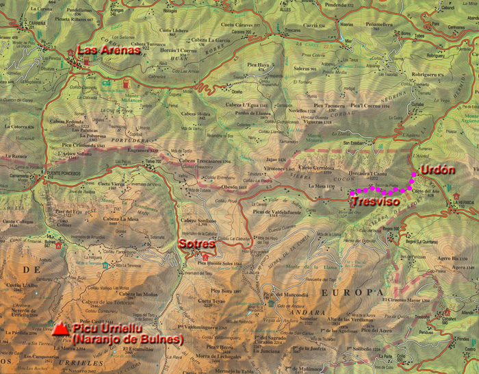 Karte nordöstliche Picos de Europa; in der Folge noch ein paar Fotos von der Fahrt auf der neuen Straße zurück  in die Zivilisation