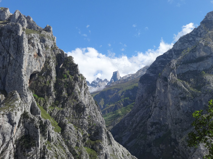 genau im richtigen Moment reißt die Wolkendecke auf: der Picu Urriellu von Camarameña aus gesehen, einem kleinen Dorf hoch über Puente Poncebos; von dort erreicht man seit 2001 mittels einer 2227 m Meter langen unterirdischen Standseilbahn (keine Straßenanbindung) das Dorf Bulnes am Fuß des begehrten Kletterzieles