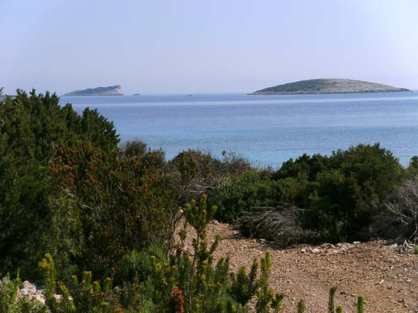 nach einem fünfminütigen Spaziergang über die flache Landenge erreichen wir die Ostseite mit Blick auf die Inseln Paržanj und Greben