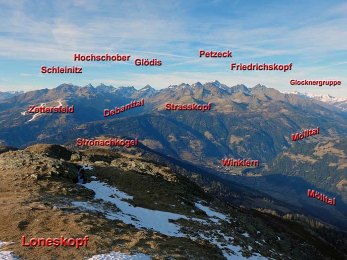 das Gipfelpanorama im NW (Schobergruppe)