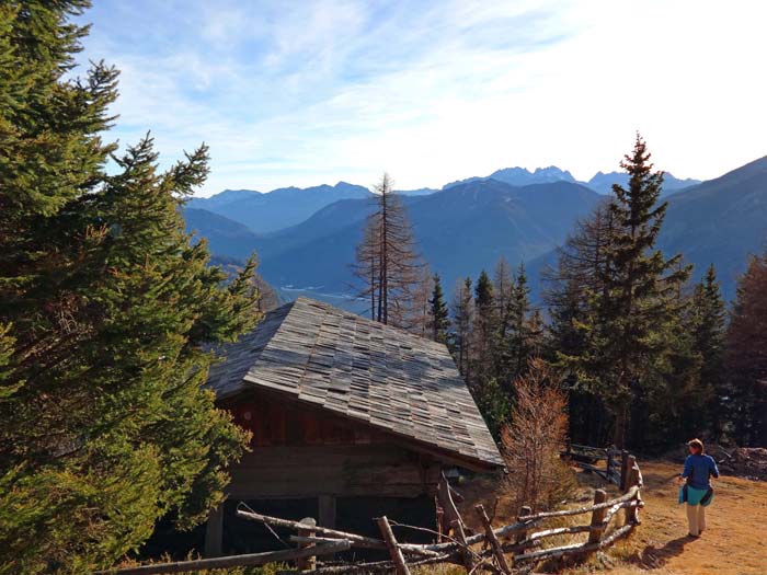 von der Terrasse leiten Steigspuren hinunter zu einer Jagdhütte auf 1900 m Seehöhe, der weitere Waldabstieg zur Forststraße zurück nach Lindsberg ist nicht leicht zu finden; Blick über die Gailtaler Alpen hinweg zum Karnischen Hauptkamm