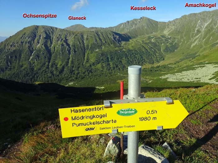 ... und gelangen durchs Krugtal bequem ins Hasenestörl mit Blick auf bekannte Schiberge der südwestl. Triebener Tauern