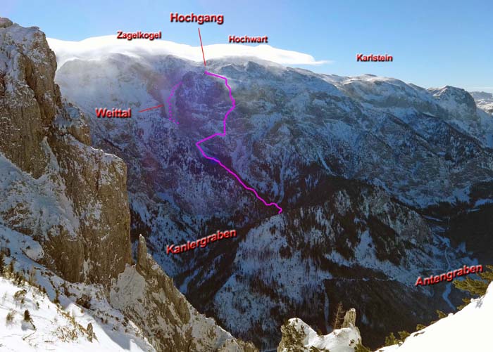 die winterliche Nordwand über dem Salzatal vom Hochtürnach