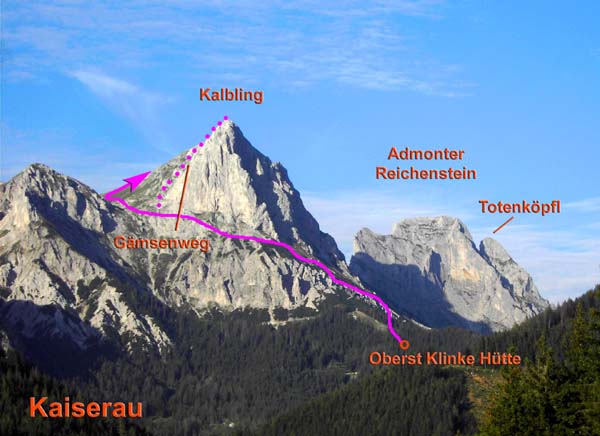 der Admonter Kalbling von W; aus der Kaiserau führt eine Mautstraße zur Oberst Klinke Hütte