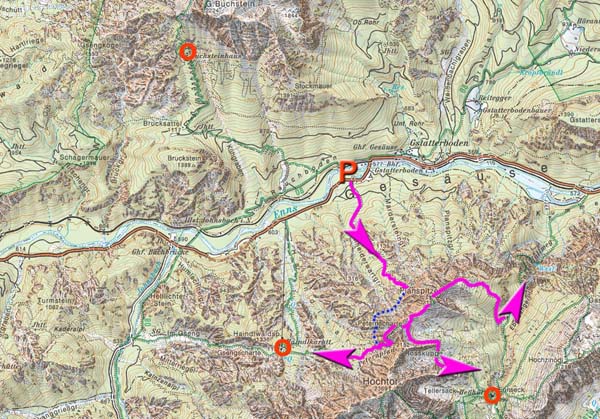 Karte; blau gepunktet der Bergführersteig, ehemals gut versicherter Klettersteig, heute verfallen und kaum mehr auffindbar