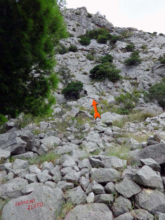 der Einstieg ist am Rand des alten Ziehweges angeschrieben, die ersten Bohrhaken sind bald gefunden