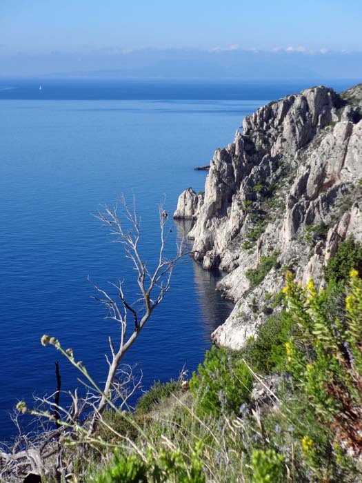 Blick vom Fahrweg auf die wunderschönen Küstenfelsen, ganz hinten im Dunst die Insel Vis