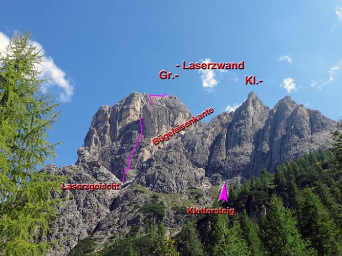 die Laserzwände vom Aufstieg zur Karlsbader Hütte; der Laserzwand-Klettersteig mit seiner Fortsetzung bis auf den höchsten Gipfel der Lienzer Dolomiten im Archiv Bergsteigen unter Sandspitze