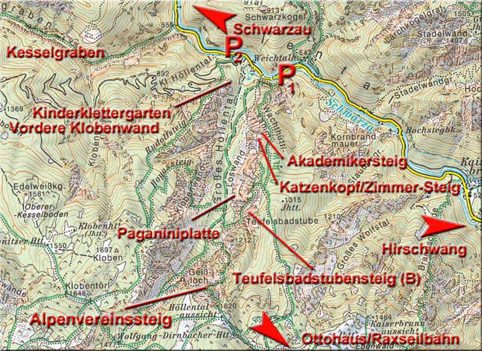 Karte Höllental; der Wiener Neustädter Weg zieht zwischen Paganiniplatte und dem markierten, versicherten Teufelsbadstubensteig in die Höhe
