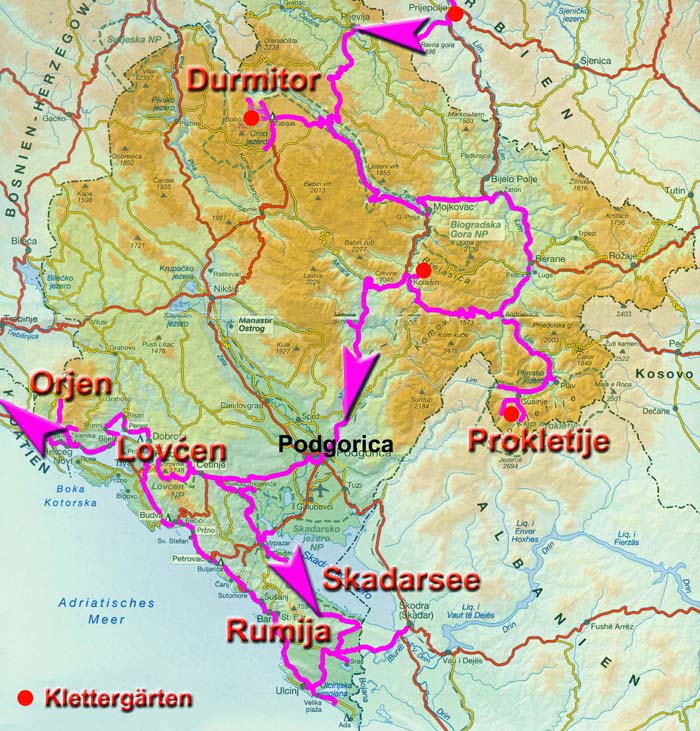 Karte Montenegro; die orangen Punkte bezeichnen Klettergärten