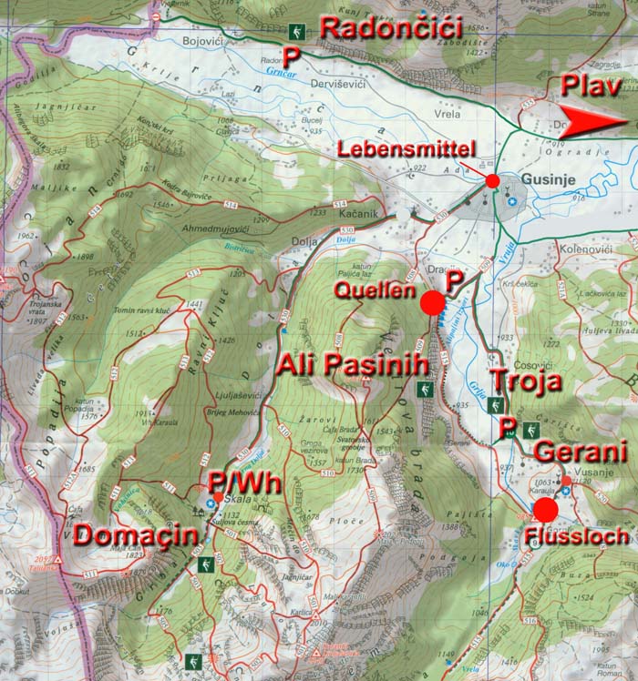 Klettergärten (grüne Symbole) rund um den Ort Gusinje bei Plav im äußersten SO Montenegros