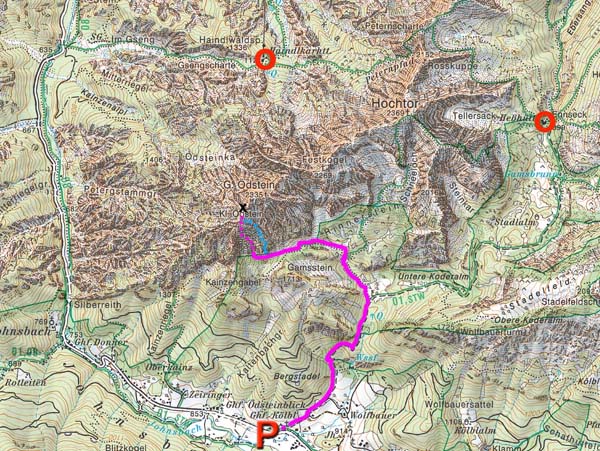 Karte; blau gepunktet der zwar markierte, aber nicht ungefährliche Gamssteinsattel-Steig