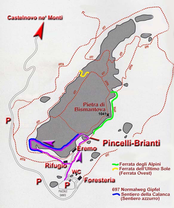 Karte Mehrseillängenroute Pincelli-Brianti